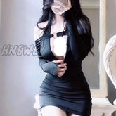 Hnewly Sexy Hollow Out V Neck Flowers Long Sleeve Slim Hip Black Mini Dress Short Women Spring